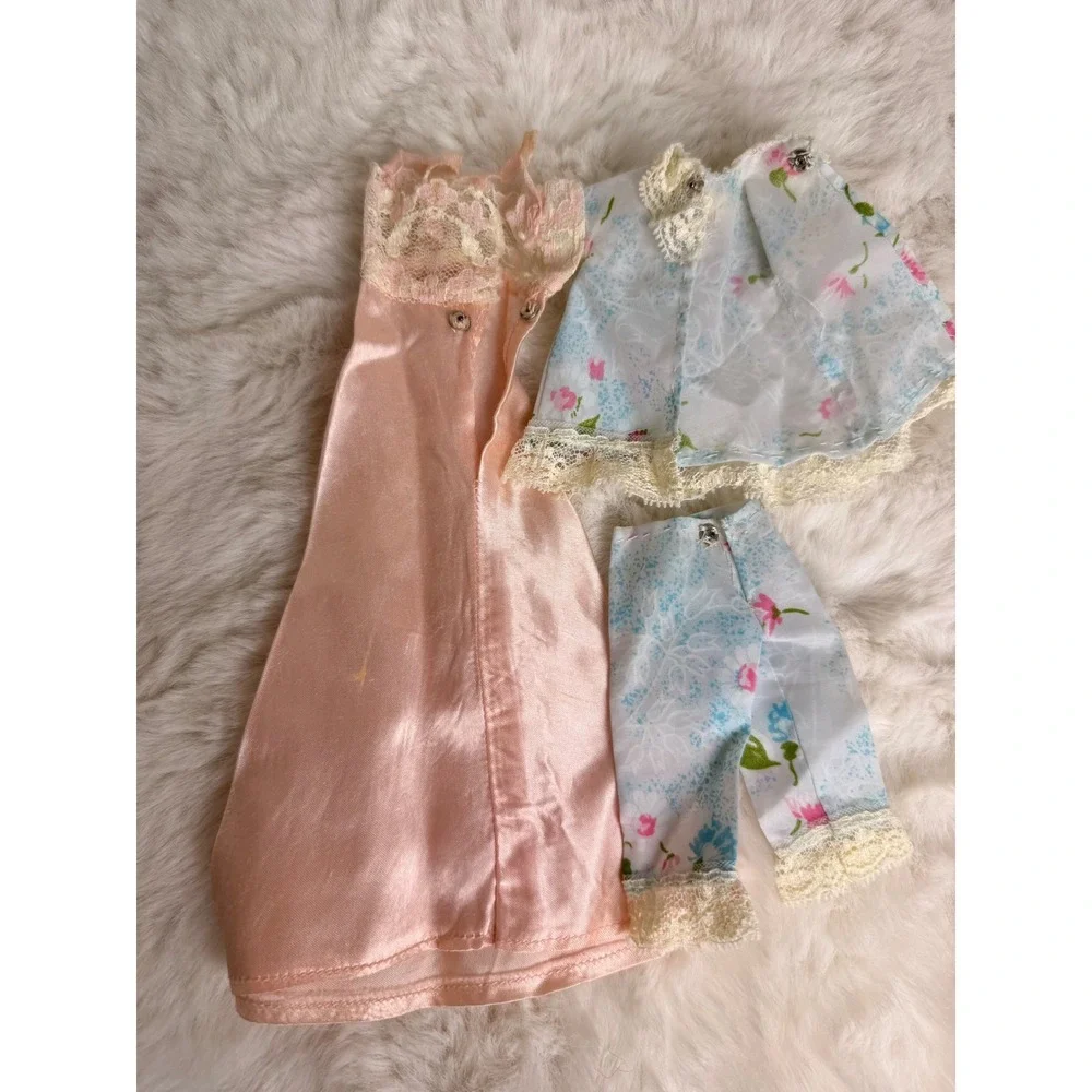 Vintage 1960s Doll Clothes Pink Satin Nightgown Floral Pajama Set Barbie Size